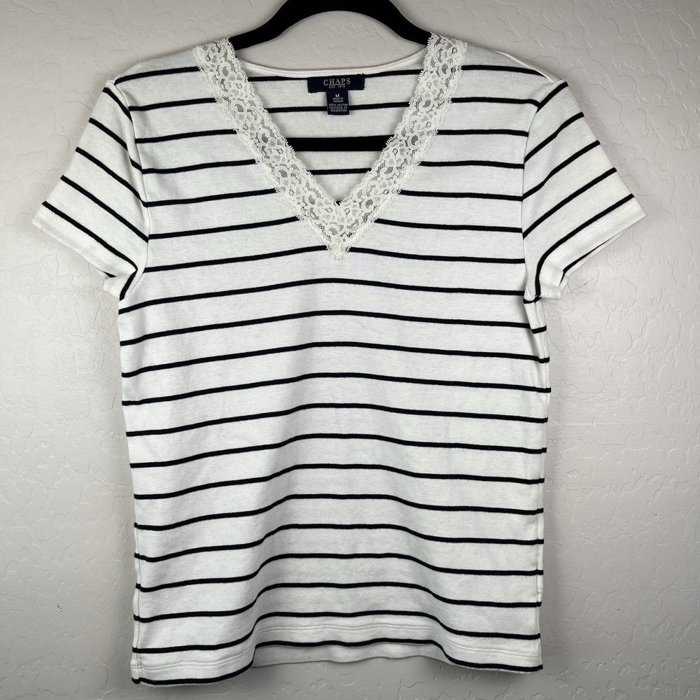 Chaps Ralph Lauren Short Sleeve Women's Sz M Striped Lace V-neck Western Cottage